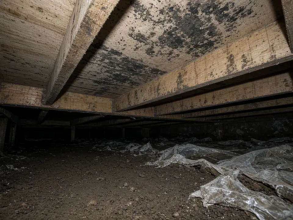 Illustrative flash photo of a residential crawl space with dark mold growth on floor joists and subfloor above damp soil and a torn vapor barrier